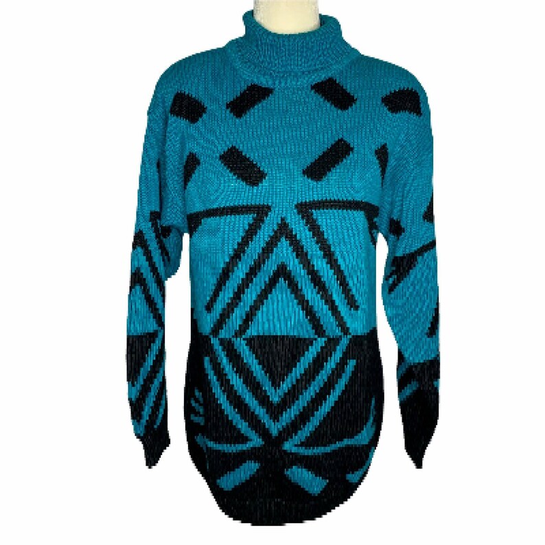 Vintage Mock Neck Chunky Knit Sweater S Blue Black Oversized Tunic Shoulder Pads