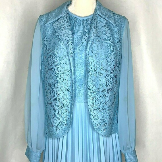 Vintage 70s Lace Chiffon Midi Dress Vest S Blue Sheer Sleeve Accordion Pleats