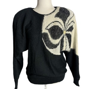 Vintage 80s Angora Knit Pullover Sweater M Black Beaded Shoulder Pads