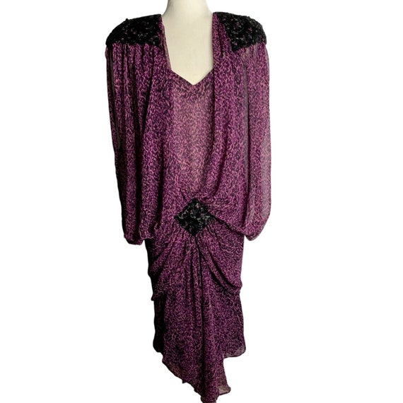 Vintage 80s Beaded Dropped Waist Dress S Purple Sh
