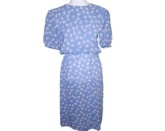 Vintage 90s Short Sleeve Blouson Dress Womens S Blue Pink Roses Ditzy Floral