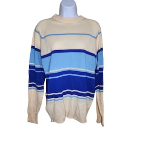 Vintage 80s Mario Ricci Preppy Striped Sweater Mens Size M Blue Ivory