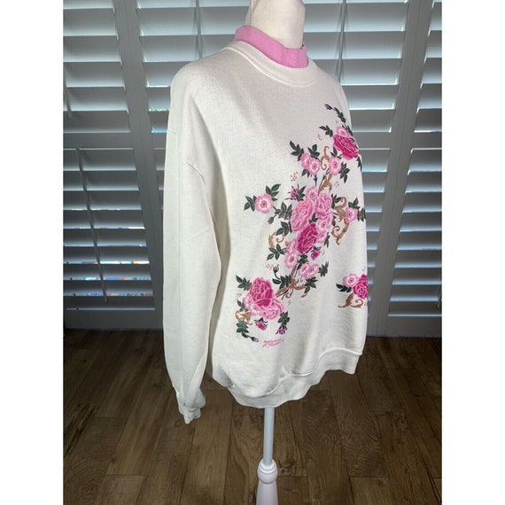 Vtg Grandma Core Double Collar White Pink Flowers Sweatshirt M/L K Hamilton View 3