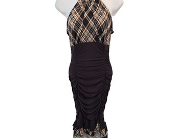 Vintage Y2K Misope Black Brown Plaid Cinch Sleeveless Dress S Stretch Halter