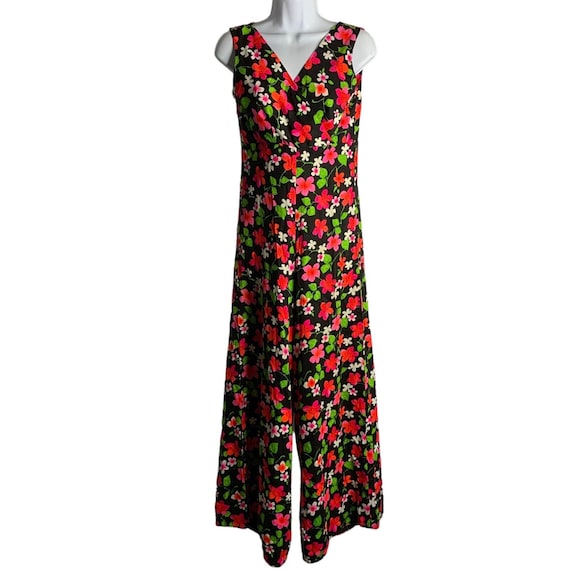 Vintage 70s Wide Leg Jumpsuit S Black Floral Slee… - image 1