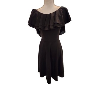 Vintage 70s Black Polyester Full Flounce Neckline Sleeveless Dress S Disco Dance