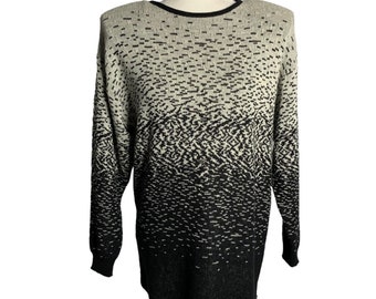 Vintage 80s Lambswool Pullover Knit Sweater L Black Round Neck Shoulder Pads