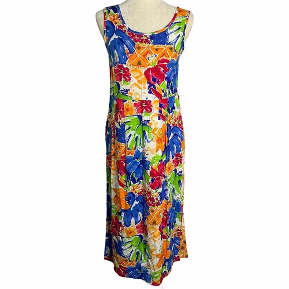 Vintage 80s Midi Tank Top Dress S Tropical Floral… - image 1