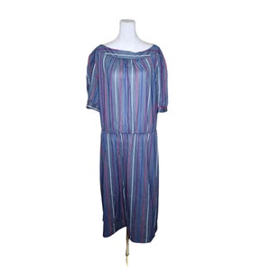 Vintage 80s Blouson Puff Sleeve Striped Dress Womens Size 2XL Blue Midi