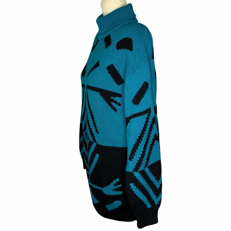 Vintage Mock Neck Chunky Knit Sweater S Blue Black Oversized Tunic Shoulder Pads