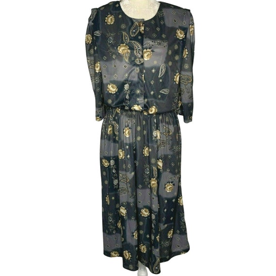 Vintage Midi Dress 14 Gray Floral Paisley 3/4 Sle… - image 2