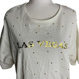 Vintage 80s Studded Las Vegas T Shirt L White Gold Short Sleeves