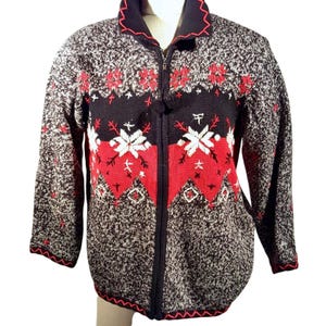 Vintage 90s Christmas Sweater Womens M Red Black Full Zip Cardigan Snowflake
