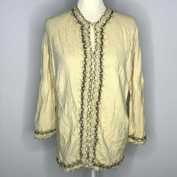 Vintage 50s Beaded Cardigan Sweater M Cream Angor… - image 1