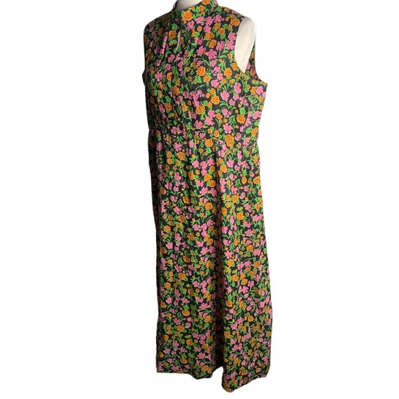 Vintage 60s Sleeveless Sheath Dress L Black Flora… - image 3