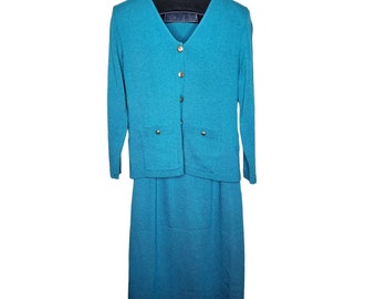Vintage 80s Sweater Knit Two Piece Skirt Suit Womens Size S Teal Blue V Neck