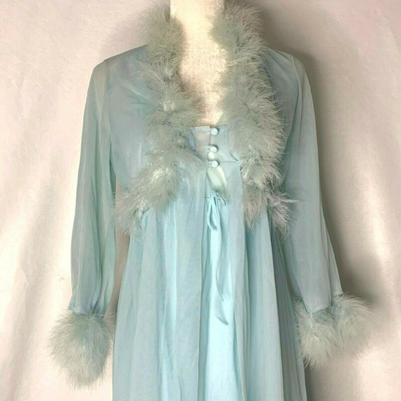 Vintage Peignoir Set S Blue Chiffon Nightgown Robe