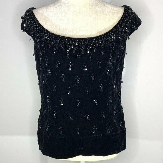 Vintage 50s Jet Beaded Velvet Evening Top M Black