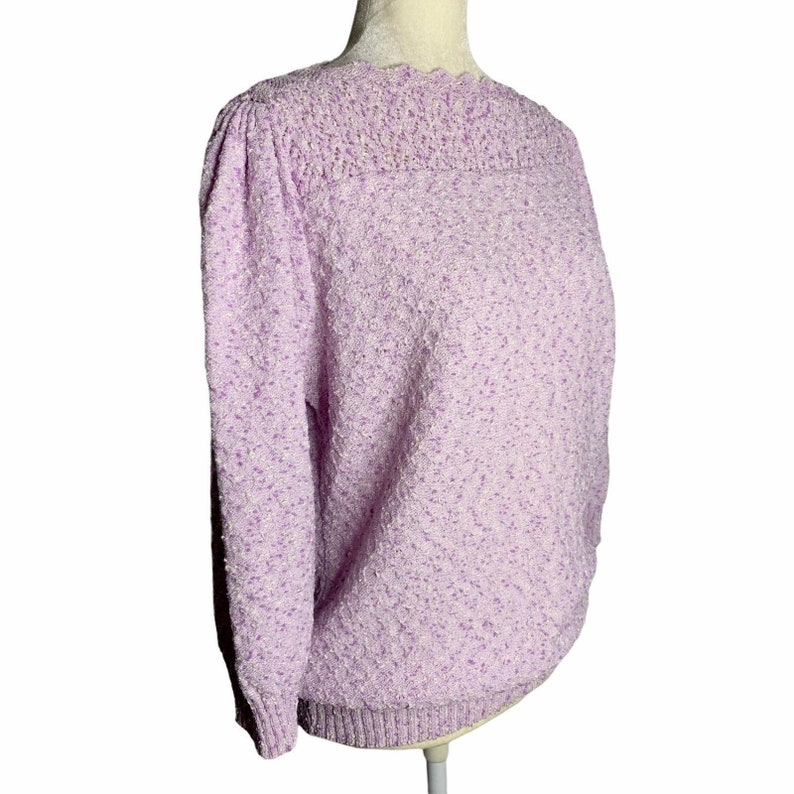 Vintage Boucle Loose Knit Sweater M Purple Boatneck Crochet Scallop 3/4 Sleeve image 5