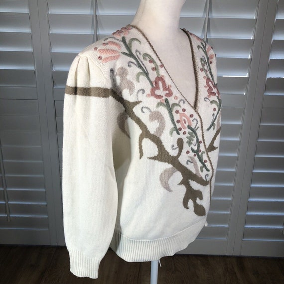 Vtg 80s Cream Embroidered Surplice Sweater M Puff… - image 3