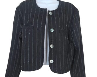 Vintage 80s Black Pinstripe Cropped Jacket Blazer Womens S