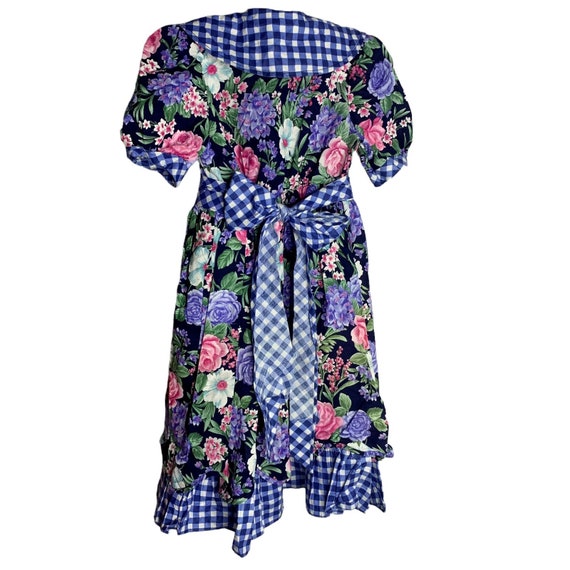 Vintage Gingham Floral Twirl Dress Girls 10 Blue … - image 3