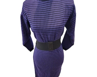 Vintage 80s Spago Knits Purple Black Check Kint Sweater Dress L Belted