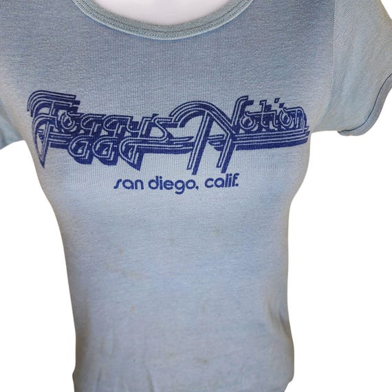 Vintage 70s Foggys Notion San Diego Cap Sleeve Babydoll Tshirt Womens XS Blue View 2