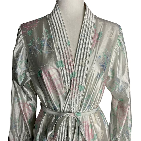 Vintage Floral Robe Dressing Gown M White Satin P… - image 1
