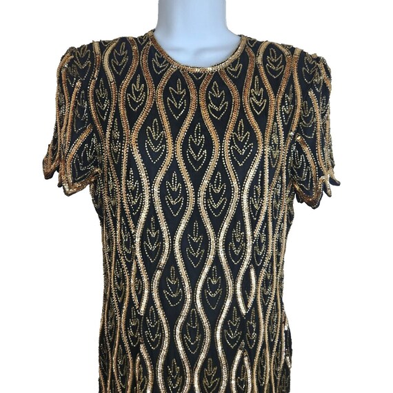 Vintage Stenay Black Gold Beaded Sequin Silk Dres… - image 2