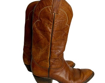Vintage Tony Lama Leather Western Cowboy Boots 7B Brown Almond Toe Low Heel