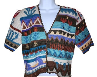 Vintage 90s Peruvian Connection Boho Short Sleeve Sweater Womens M