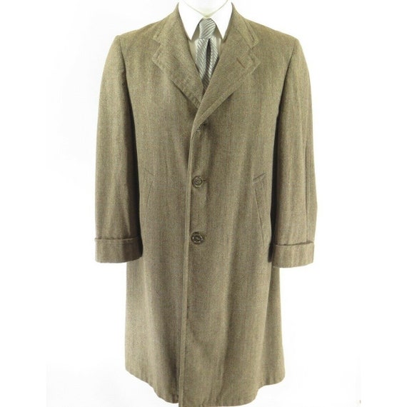 Vintage 50s Desmonds Wool Overcoat M Brown Button… - image 1