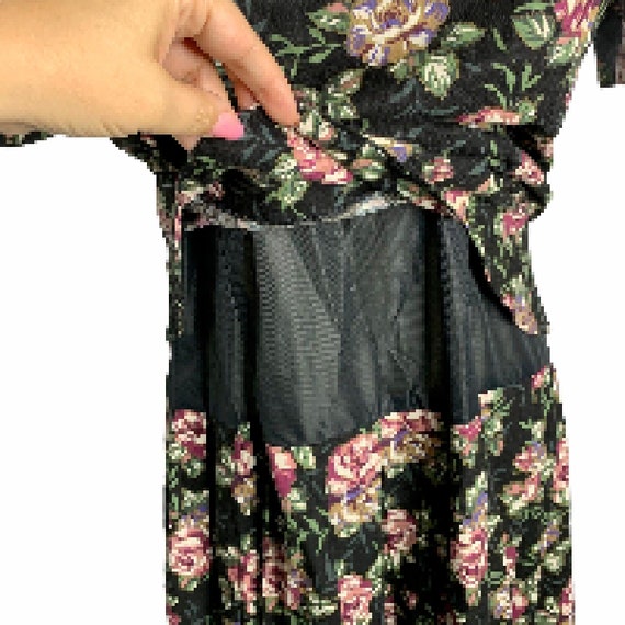 Vintage Floral Midi Dress M Black Short Sleeve La… - image 3