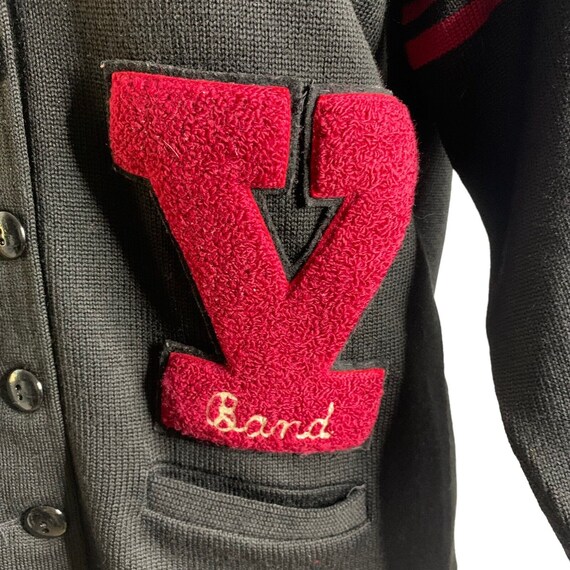 Vintage 50s Varsity Cardigan Sweater M Black Wors… - image 8