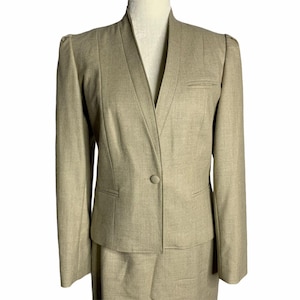 Vintage 60s Wool Skirt Suit XS Beige Fully Lined Pockets Shawl Collar Pleated