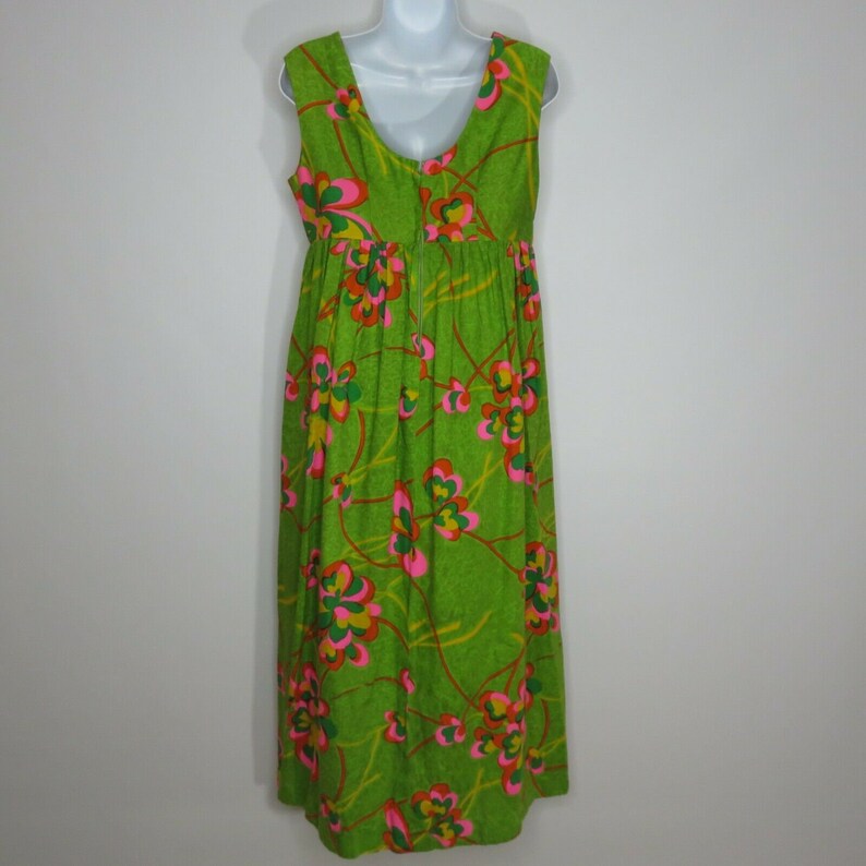 Vtg 60s Sun Fashions Casual Aire Green Psychedelic Floral Hawaiian Maxi Dress M