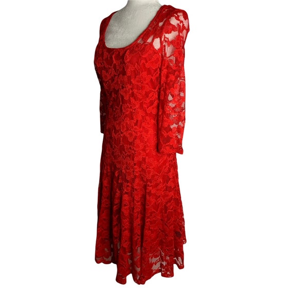 Vintage Leslie Fay Lace Swing Dress 10 Red Floral… - image 3