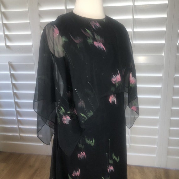 Vtg 80s Black Chiffon Floral Floor Length Dress L… - image 7