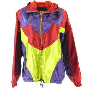 Vintage 90s Descente Ski Jacket 12 Iridescent Color Block Half Zip Pockets Hood