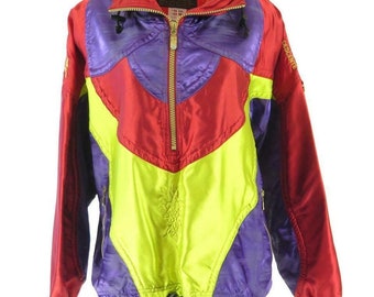 Kurtka narciarska Vintage 90s Descente 12 opalizujących bloków kolorów z kieszeniami na zamek błyskawiczny w połowie kaptura