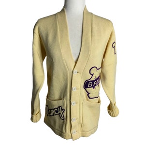 Vintage 70s Cardigan Varsity Sweater S Cream Wool Blend Pockets High School Band