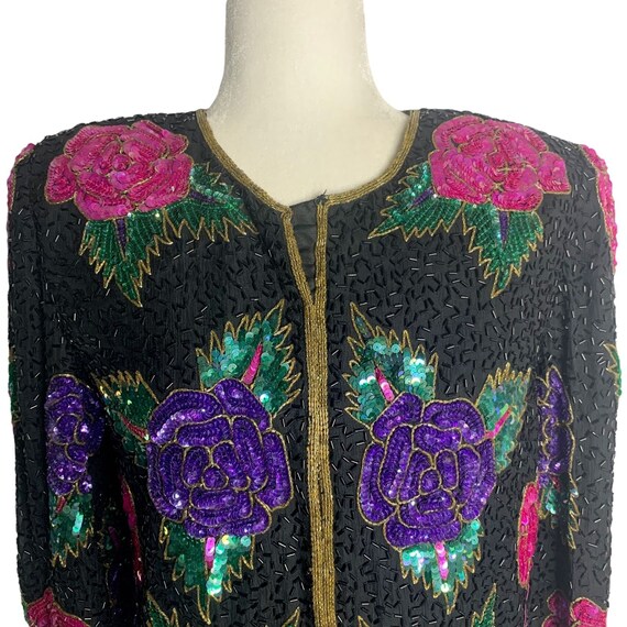 Vintage Sequin Beaded Silk Jacket S Black Long Sl… - image 2