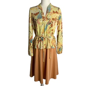 Vintage 80s Accordian Pleated Peplum Dress M Yellow Birds V Neck Tie