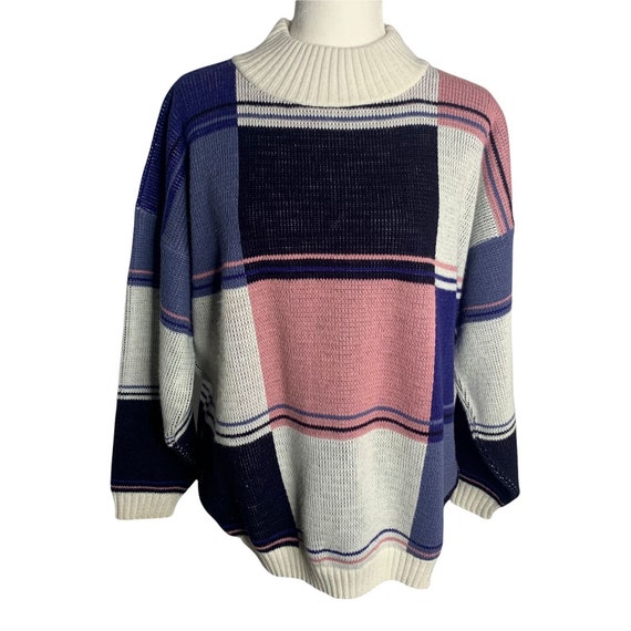 Vintage 80s Colorblock Knit Pullover Sweater L Wh… - image 1