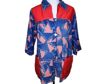 Vintage 1960s Handmade Chore Blouse Womens Size L Blue Red American Flag