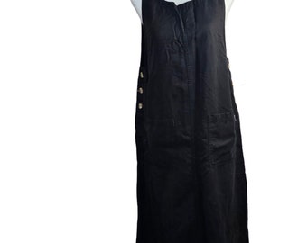 Vintage 90s Pinafore Maxi Dress Womens Size Petite Medium Black Pockets