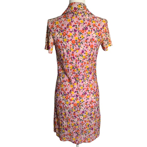 Vintage 70s Shift Shirt Dress S Pink Floral Butto… - image 4