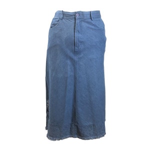 Vtg 220 Hickory Maxi Long Chambray Skirt L Embroidery Frayed Hem Denim Jean