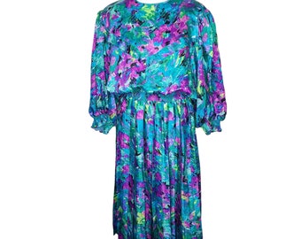 Vintage 80s Montage Mosaic Blouson Dress Womens Size L Blue Floral Puff Sleeve